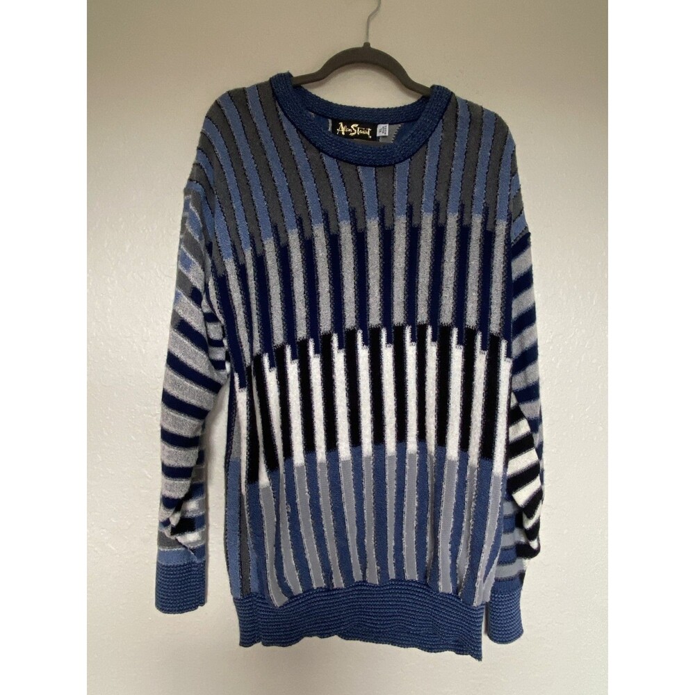 Vintage Alan Stuart Sweater Mens XL Blue White Acrylic Chunky Knit 90s Stripes